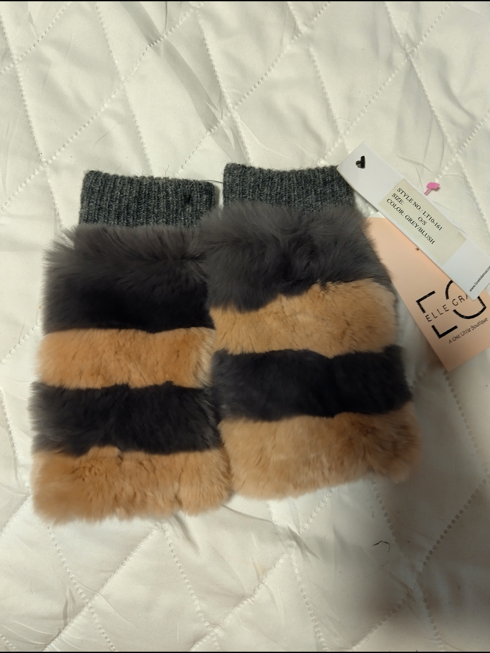Love Token Genuine Rex Rabbit Gray and Brown Faux Fur Wrist Warmers